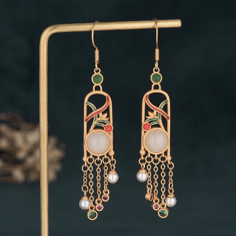 Dangle jade earrings, natural jade earrings, pearl earrings